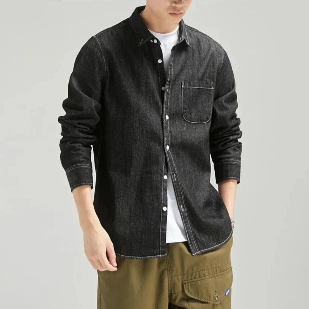Long Sleeve Denim Shirt with Single Pocket for Men