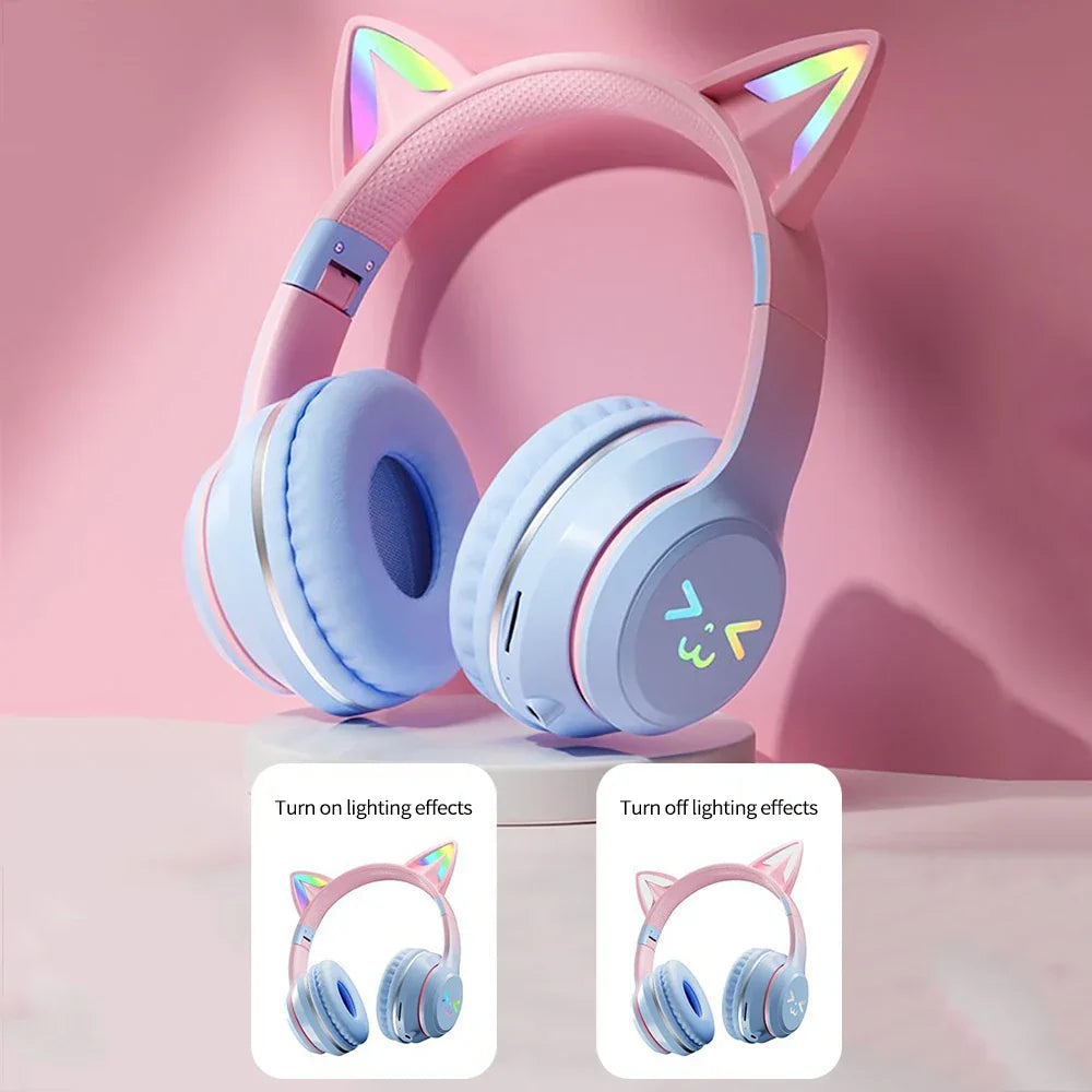 RGB Foldable Bluetooth Headphones with Cat Ear Design