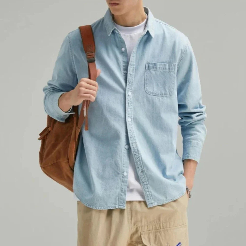 Long Sleeve Denim Shirt with Single Pocket for Men
