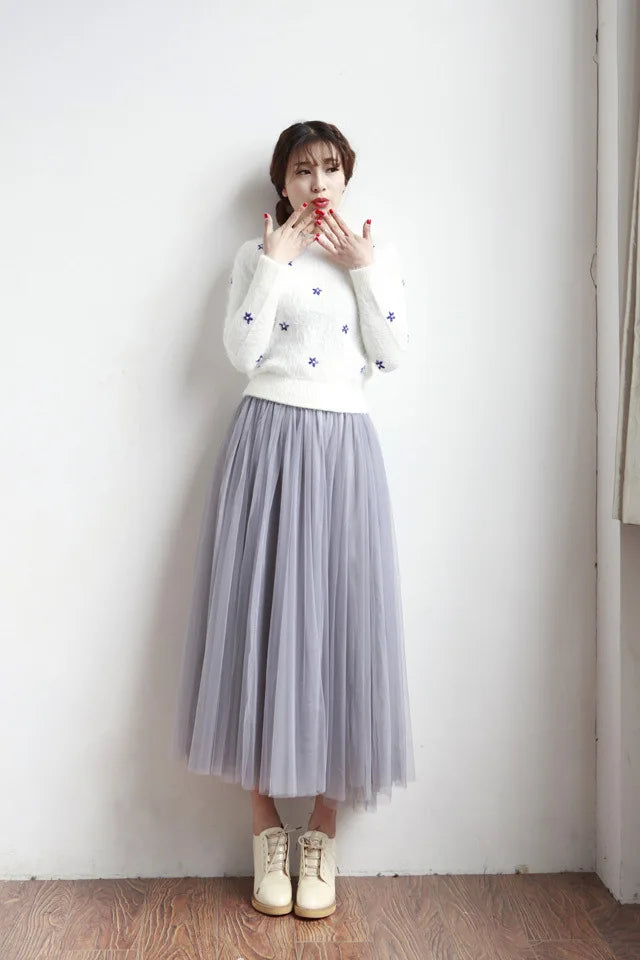 Summer Long Skirt with Elastic Waistband and 3 Layers