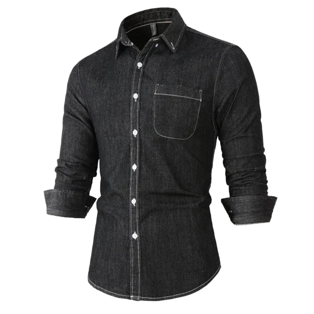 Long Sleeve Denim Shirt with Single Pocket for Men