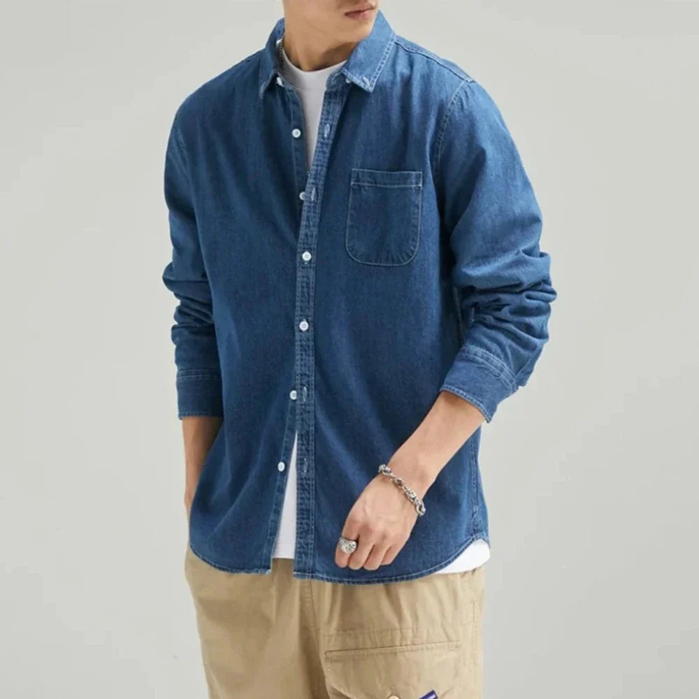 Long Sleeve Denim Shirt with Single Pocket for Men