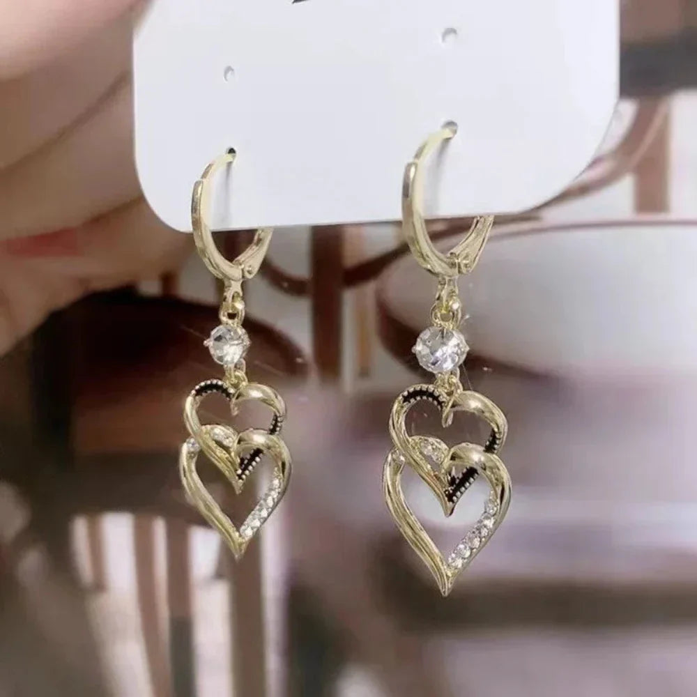 Layered Dropped Earrings with Dual Hearts