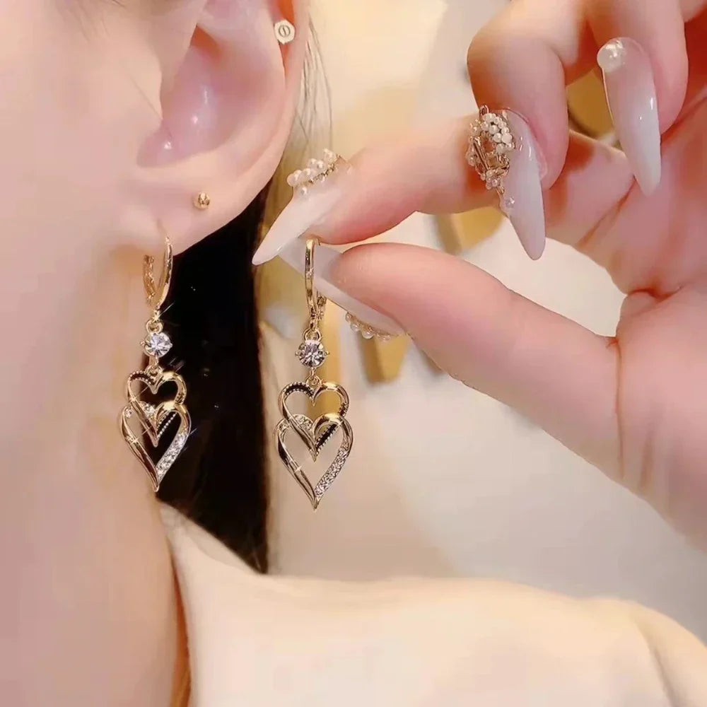Layered Dropped Earrings with Dual Hearts