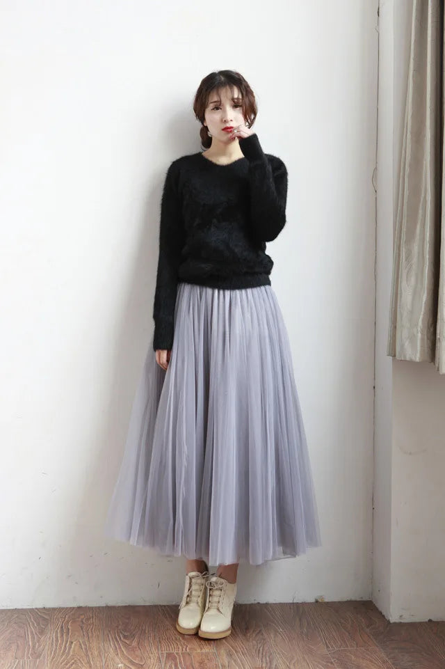 Summer Long Skirt with Elastic Waistband and 3 Layers