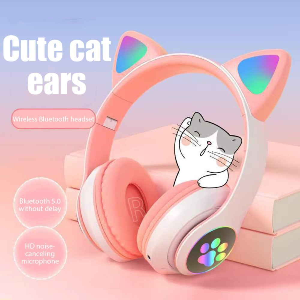 LED Feline Ear Wireless Headphones with Cartoon Design