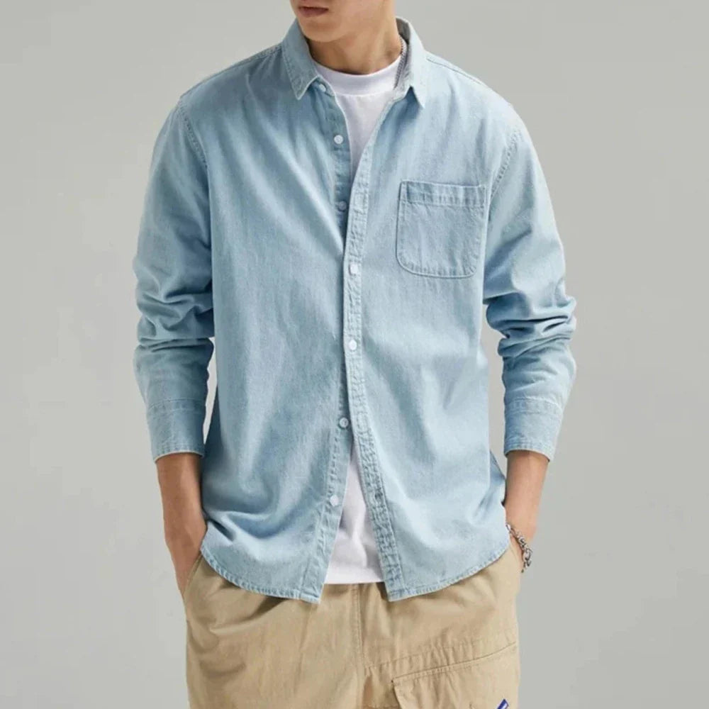 Long Sleeve Denim Shirt with Single Pocket for Men
