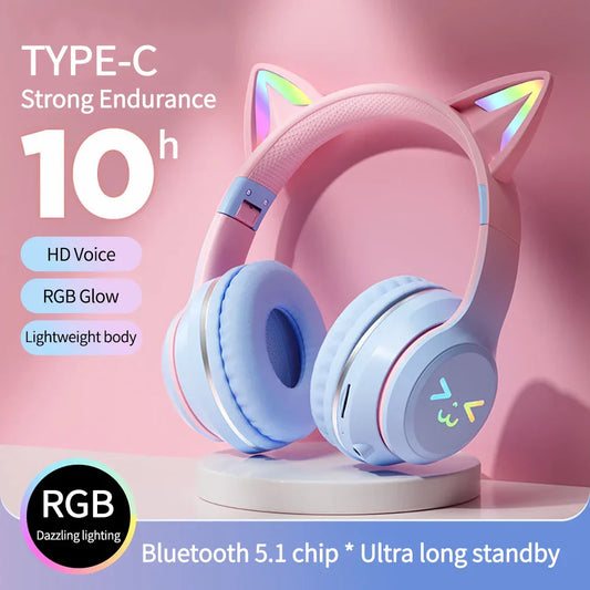 RGB Foldable Bluetooth Headphones with Cat Ear Design