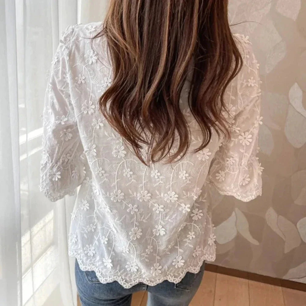 Summer Lace Blouse with Embroidered Floral Design for Women
