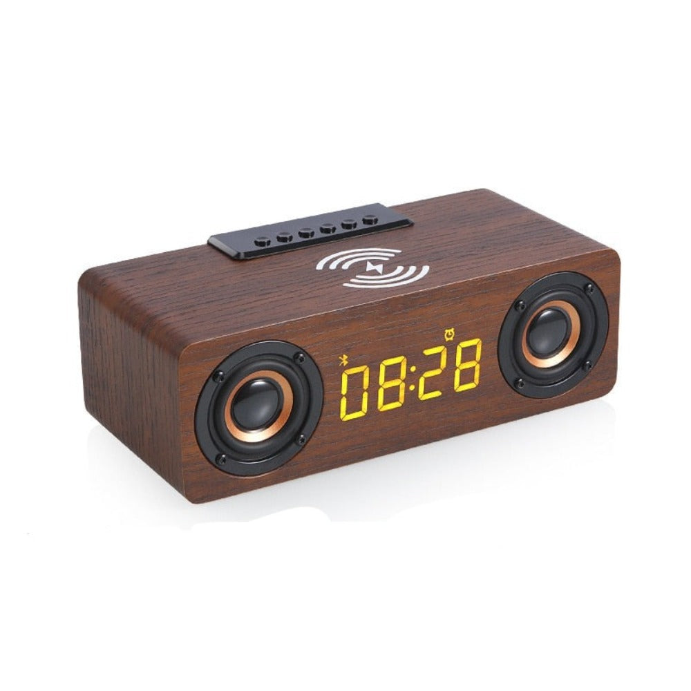Retro-inspired Wooden Alarm Clock Radio with Wireless Charging and Bluetooth Speaker