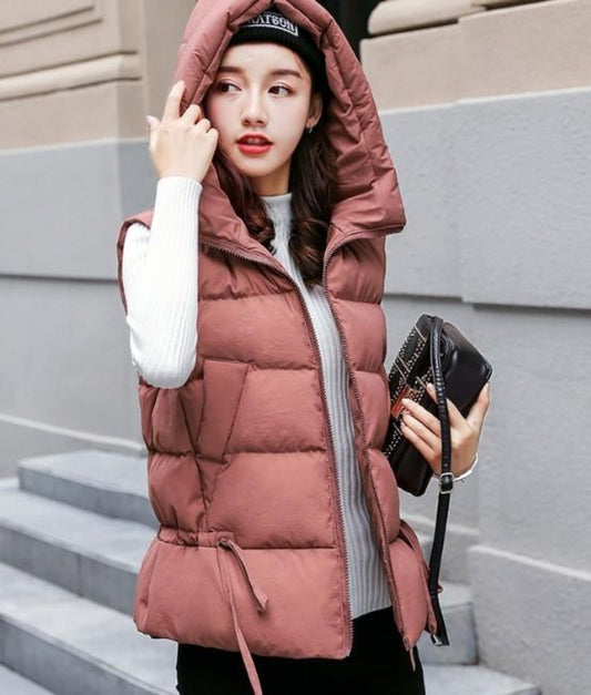 Pink Hooded Puffer Vest with Short Zip Closure for Women