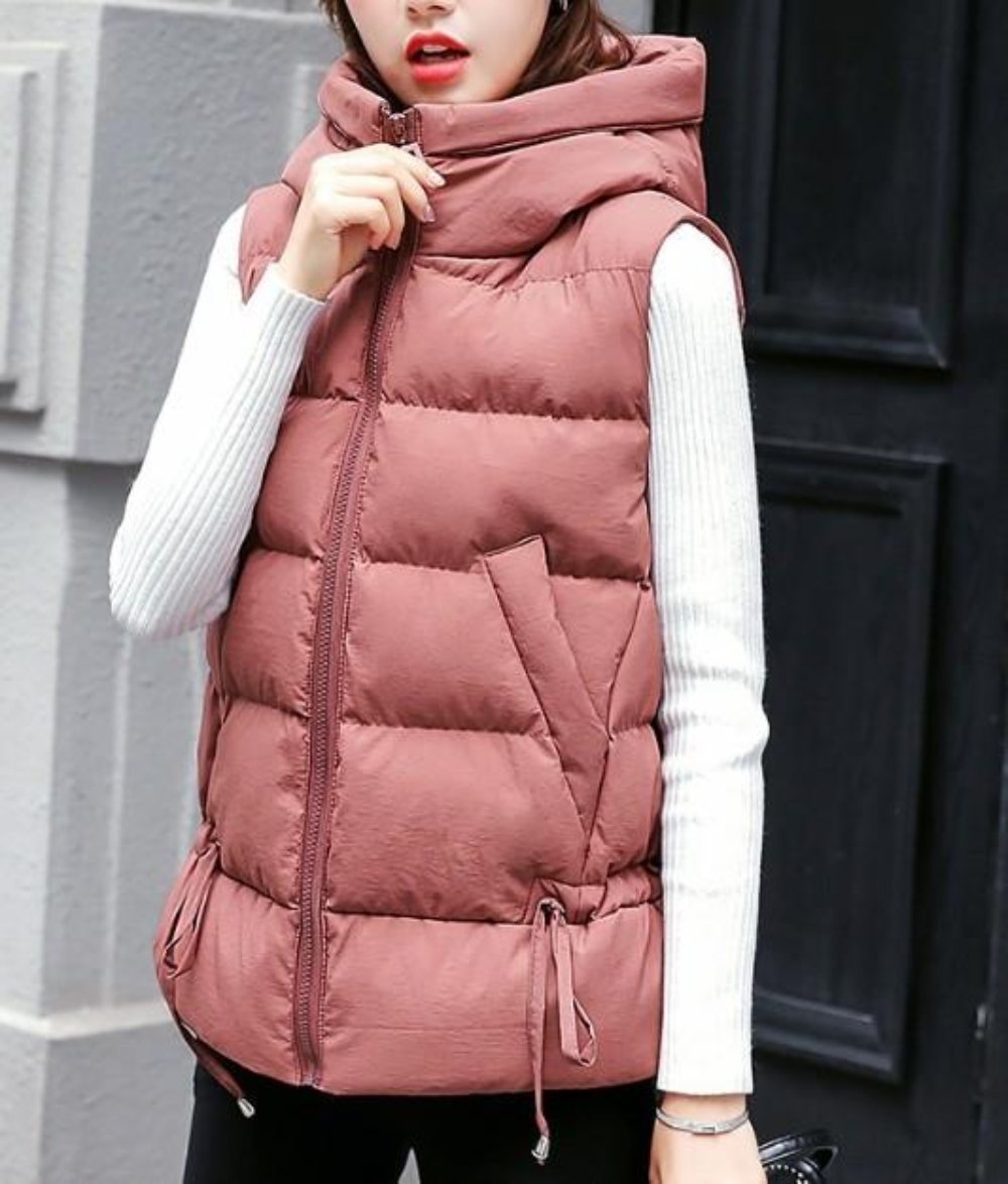 Pink Hooded Puffer Vest with Short Zip Closure for Women