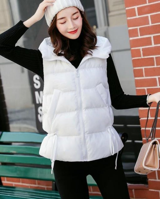 White Women's Puffer Vest with Zipper Closure and Hood
