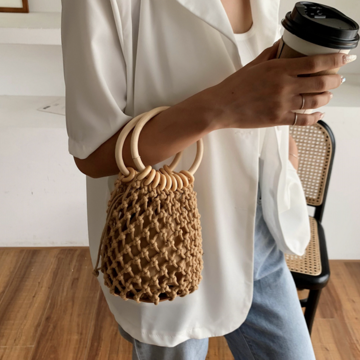 Cotton Crochet Bag with Rattan Ring Handle for the Summer Season