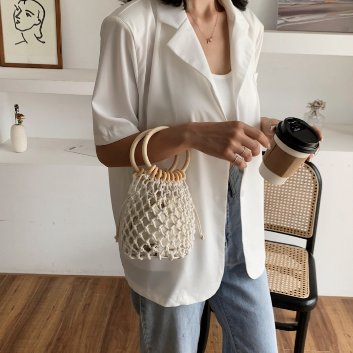 Cotton Crochet Bag with Rattan Ring Handle for the Summer Season