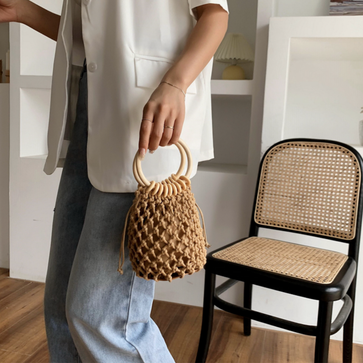 Cotton Crochet Bag with Rattan Ring Handle for the Summer Season