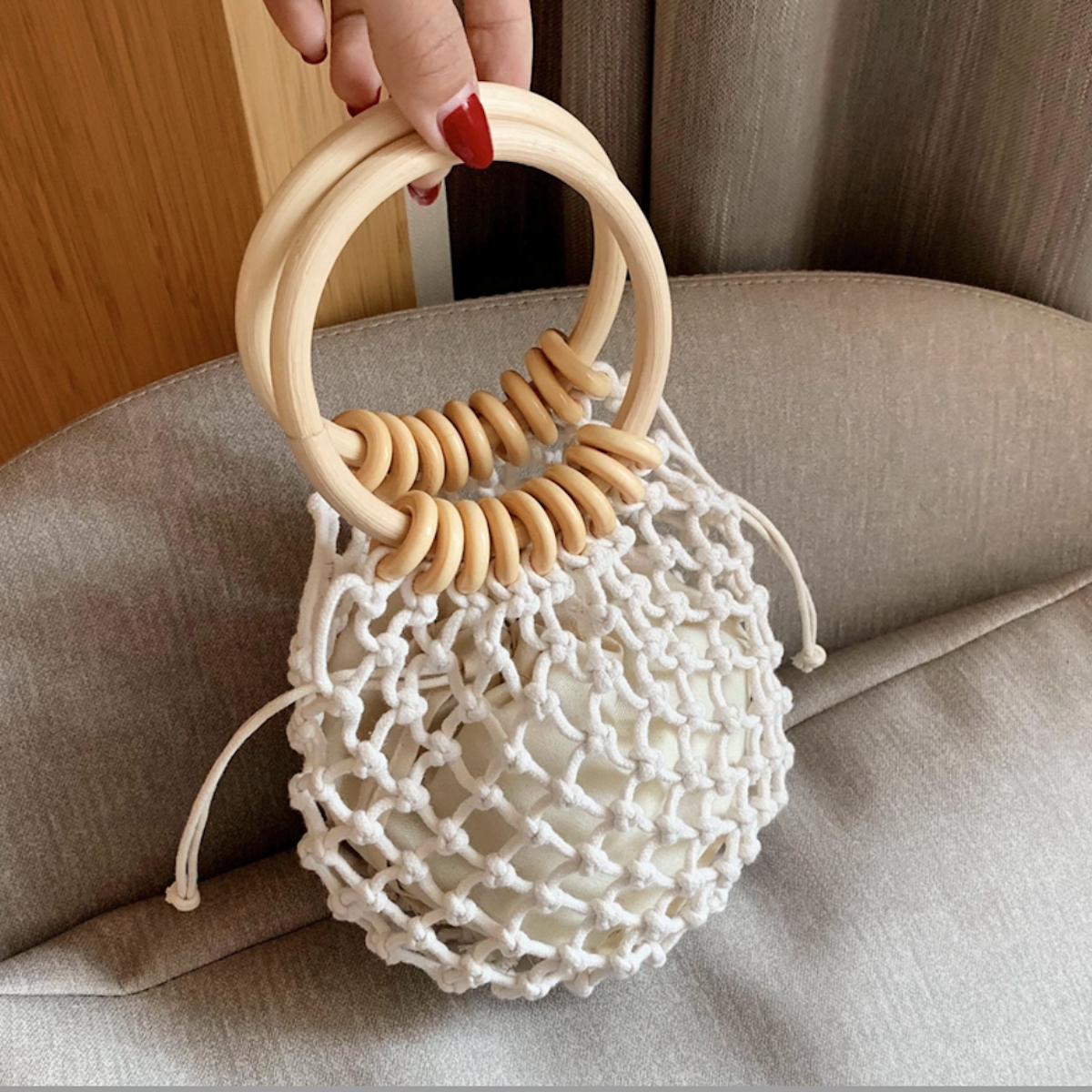 Cotton Crochet Bag with Rattan Ring Handle for the Summer Season