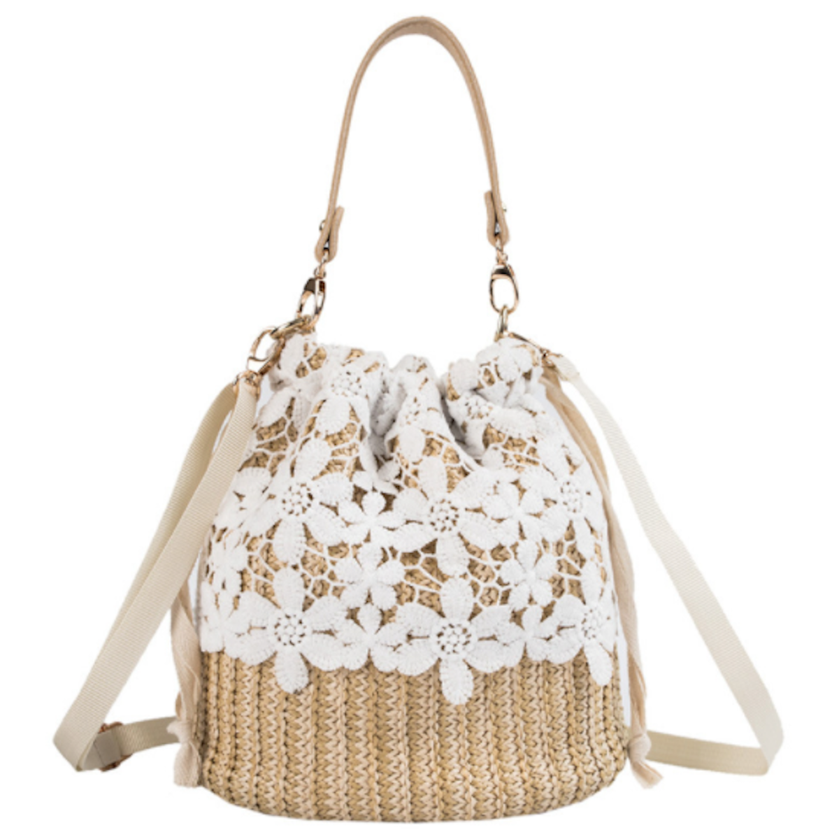 Summer Lace-Trimmed Straw Bucket Bag for a Chic Seasonal Look