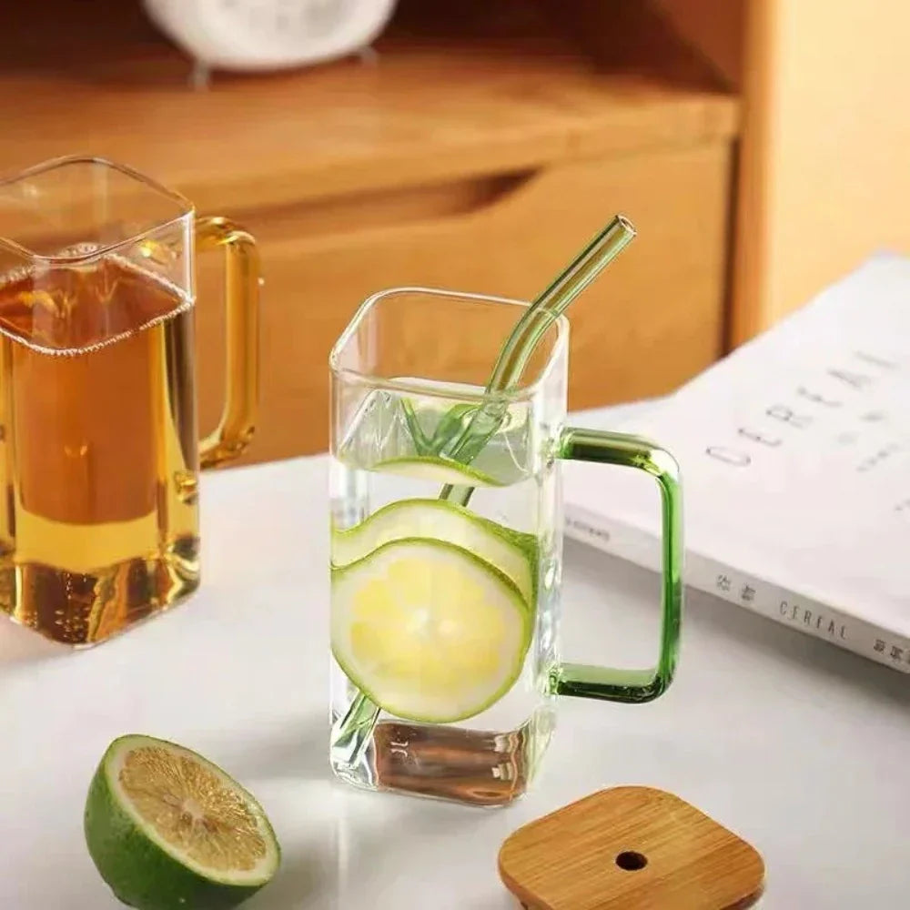 Square Glass Tumbler with Leak-Proof Cover and Eco-Friendly Straw, 400ml Capacity