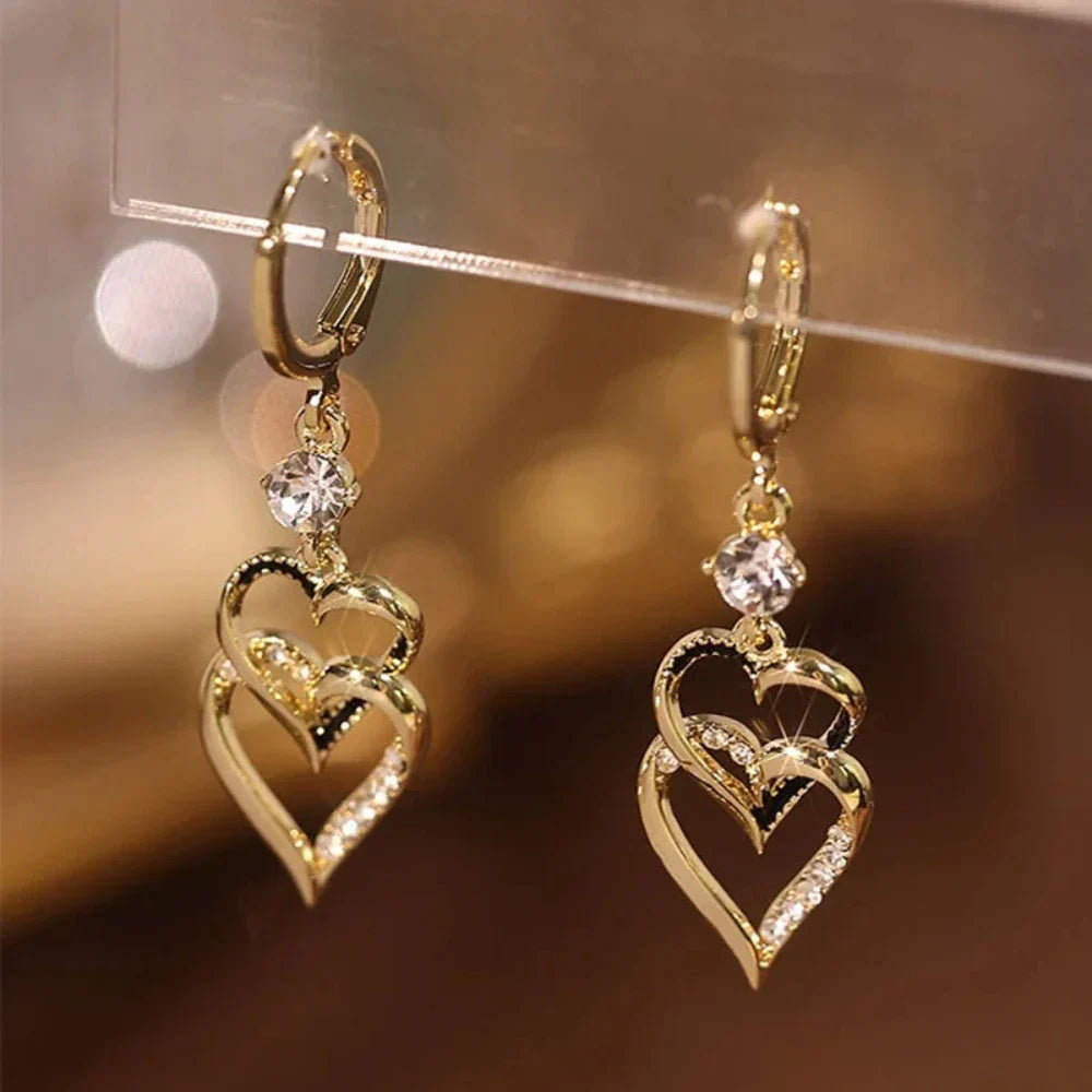 Layered Dropped Earrings with Dual Hearts