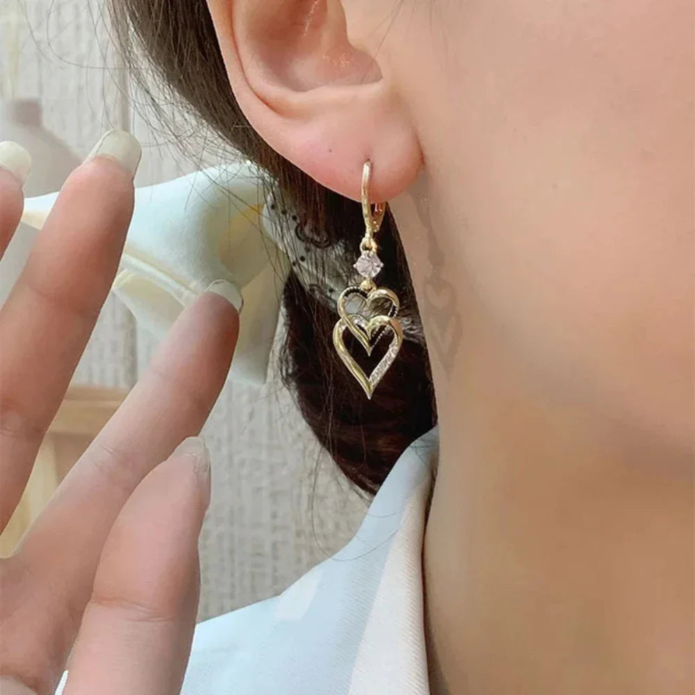 Layered Dropped Earrings with Dual Hearts