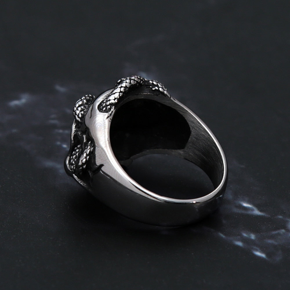 Snake-Embellished Skull Ring