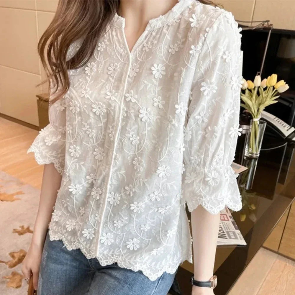 Summer Lace Blouse with Embroidered Floral Design for Women