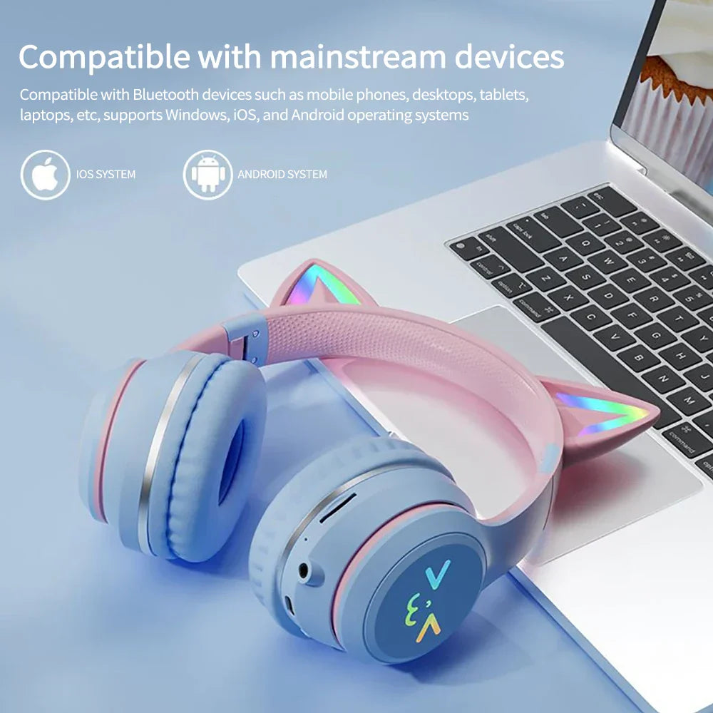 RGB Foldable Bluetooth Headphones with Cat Ear Design