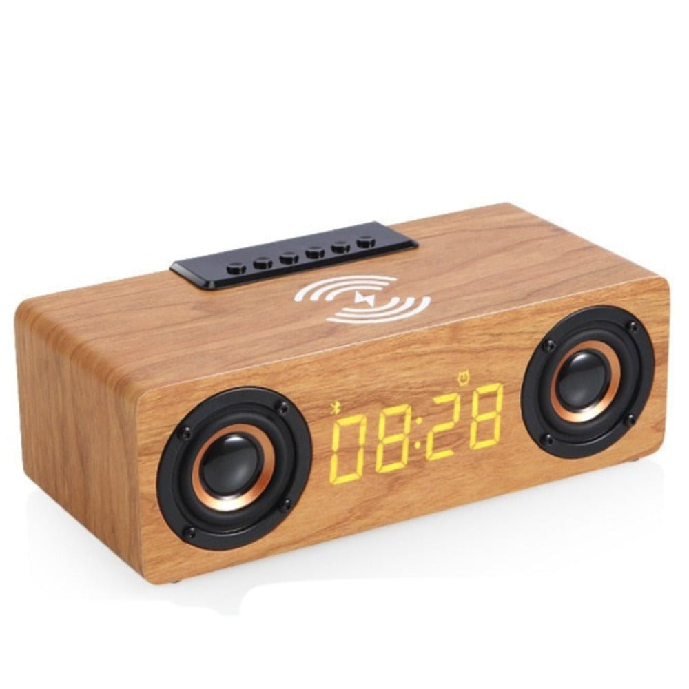 Retro-inspired Wooden Alarm Clock Radio with Wireless Charging and Bluetooth Speaker