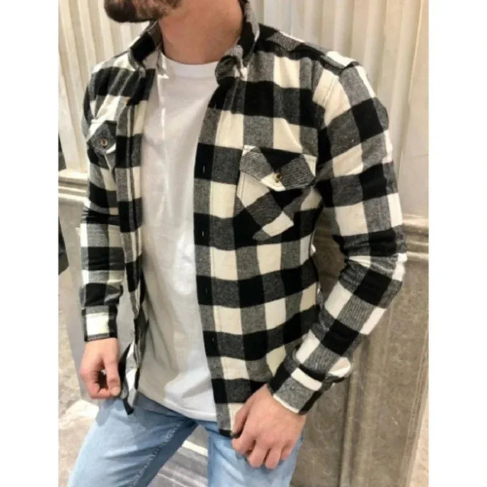 Long Sleeve Checkered Shirt with Dual Pockets for Men
