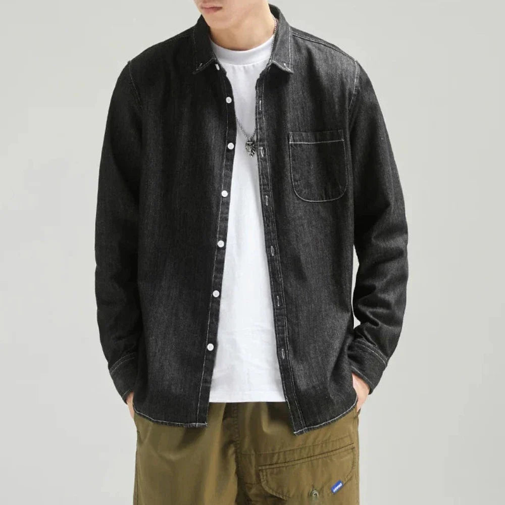 Long Sleeve Denim Shirt with Single Pocket for Men