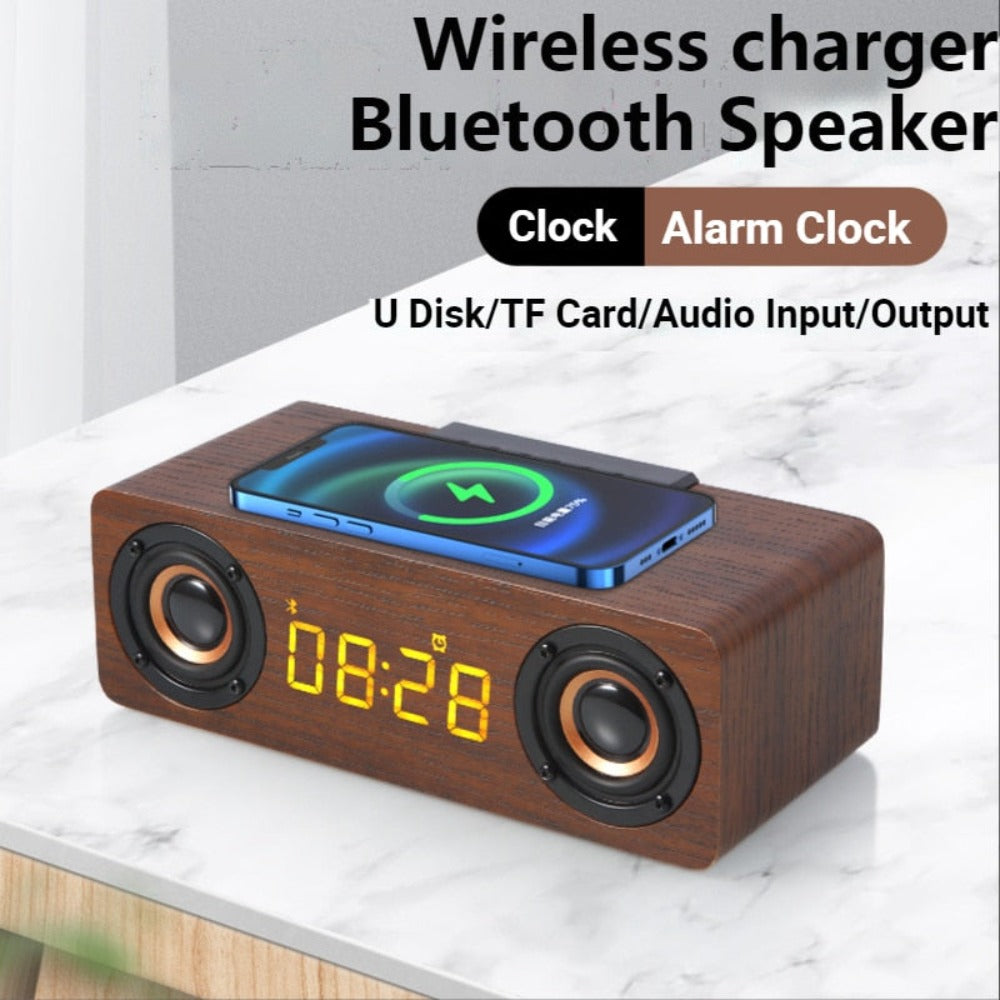 Retro-inspired Wooden Alarm Clock Radio with Wireless Charging and Bluetooth Speaker