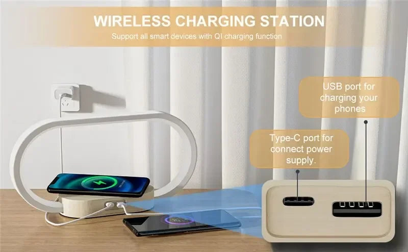 LED Lamp Station with Wireless Charging for Wooden Surfaces