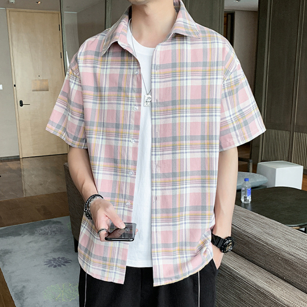 Summer Plaid Shirt for Men with Short Sleeves