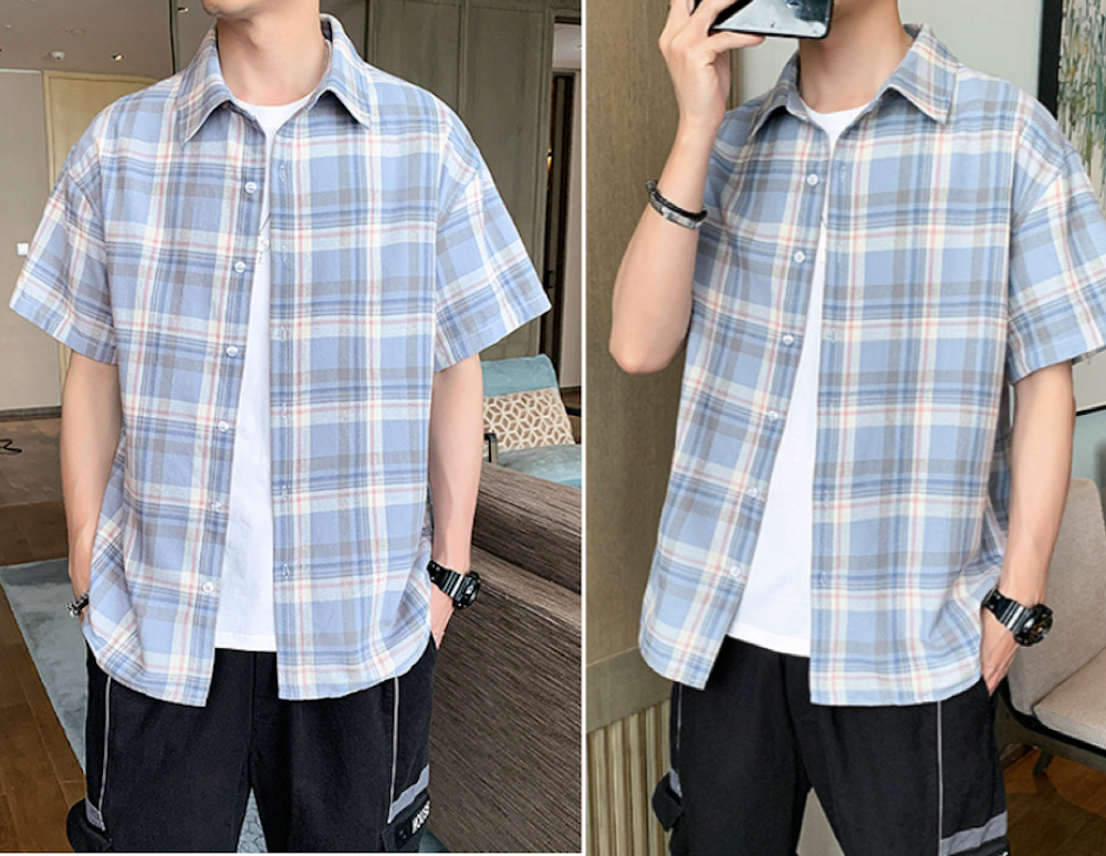 Summer Plaid Shirt for Men with Short Sleeves