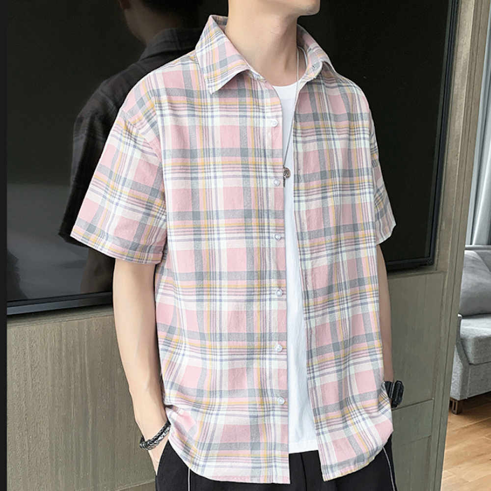 Summer Plaid Shirt for Men with Short Sleeves