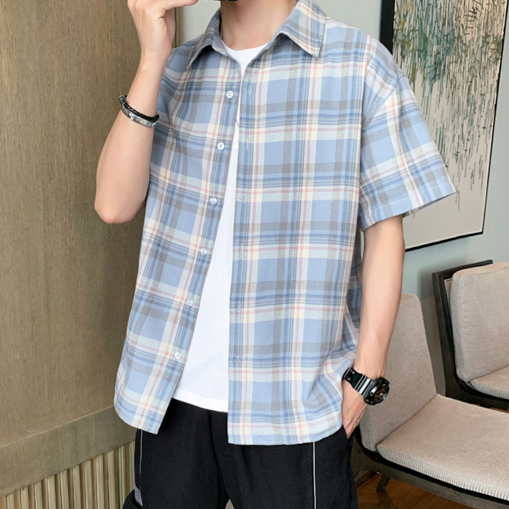 Summer Plaid Shirt for Men with Short Sleeves