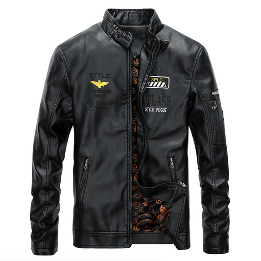 Vegan Leather Pilot Jacket with Stand Collar for Men