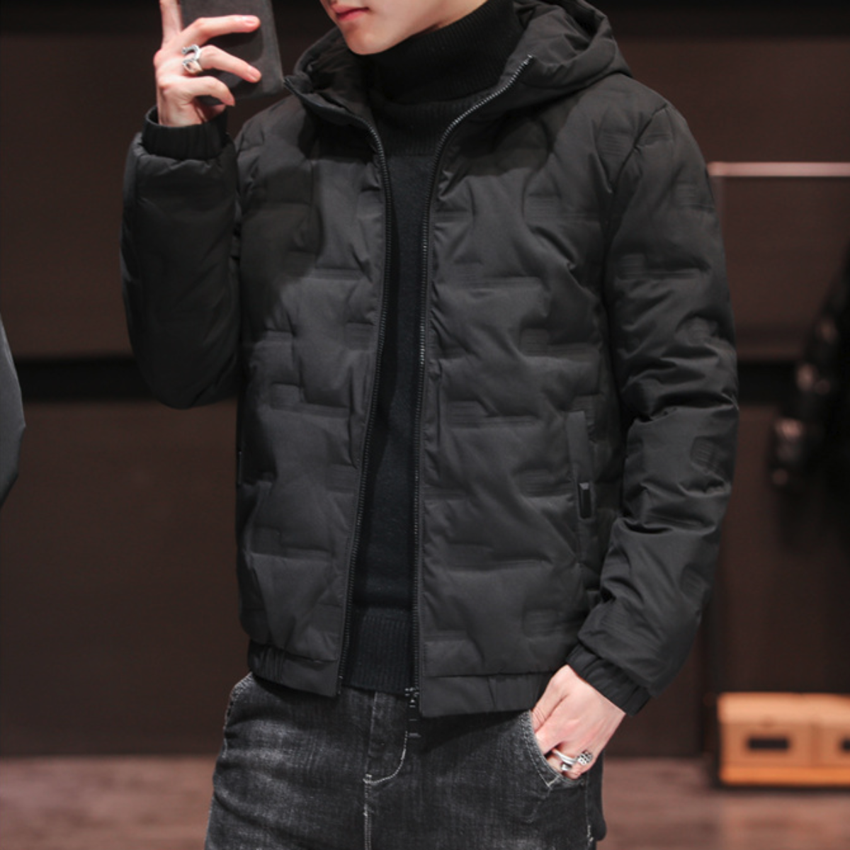 Hooded Puffer Jacket for Men with Zipper Closure