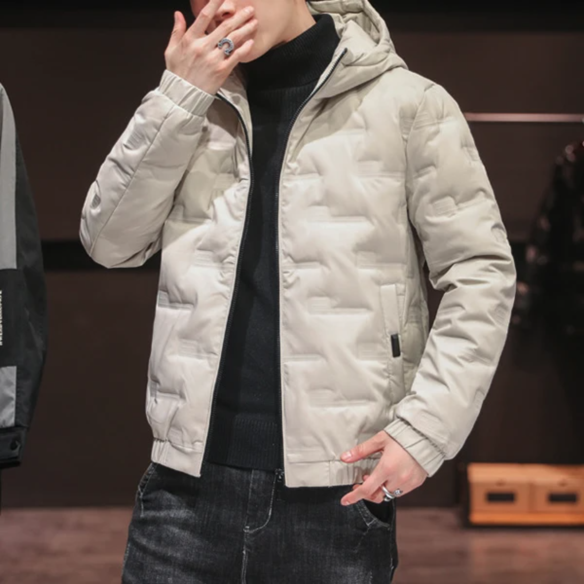 Hooded Puffer Jacket for Men with Zipper Closure