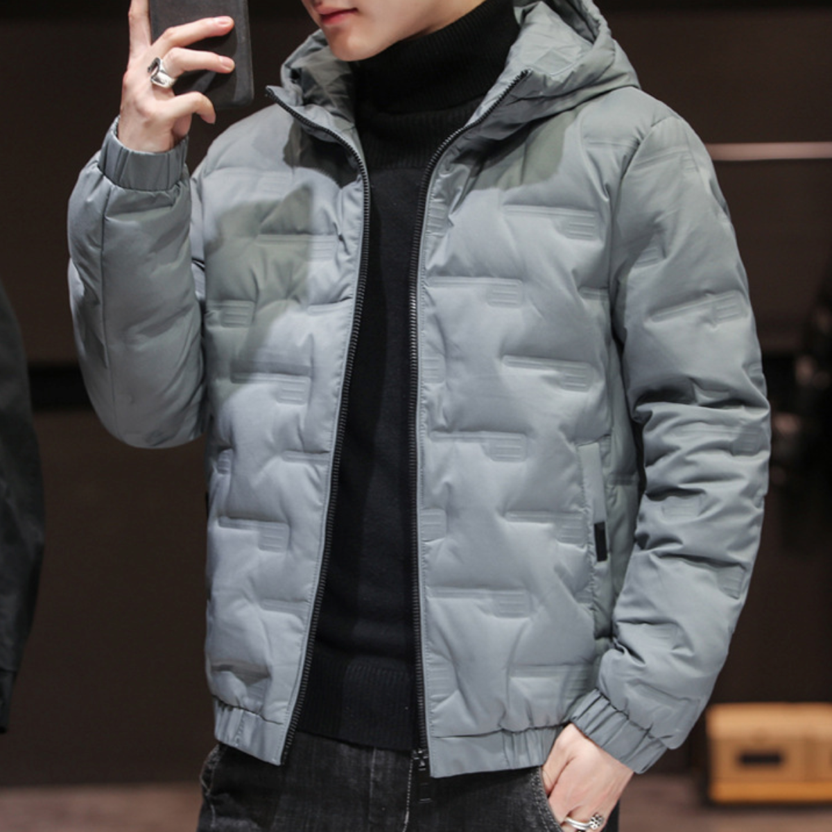 Hooded Puffer Jacket for Men with Zipper Closure