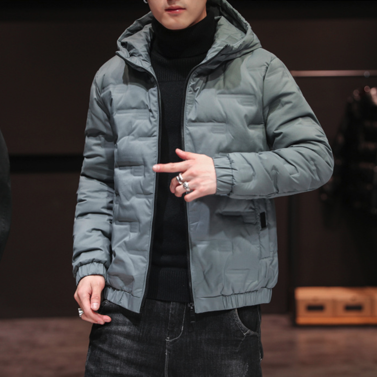 Hooded Puffer Jacket for Men with Zipper Closure