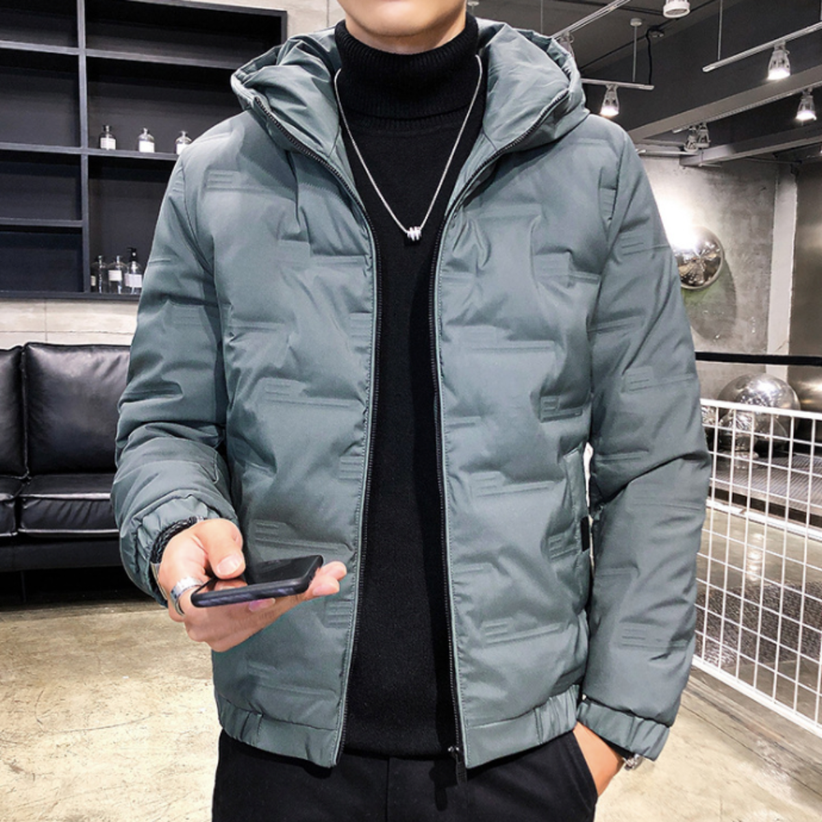 Hooded Puffer Jacket for Men with Zipper Closure