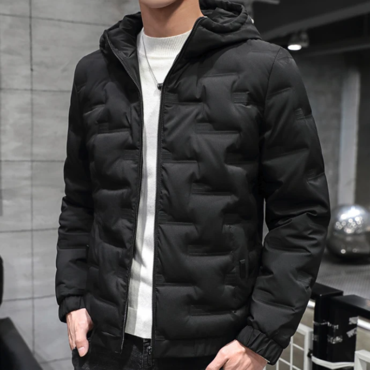 Hooded Puffer Jacket for Men with Zipper Closure