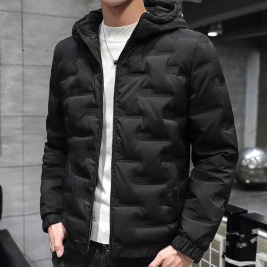 Hooded Puffer Jacket for Men with Zipper Closure