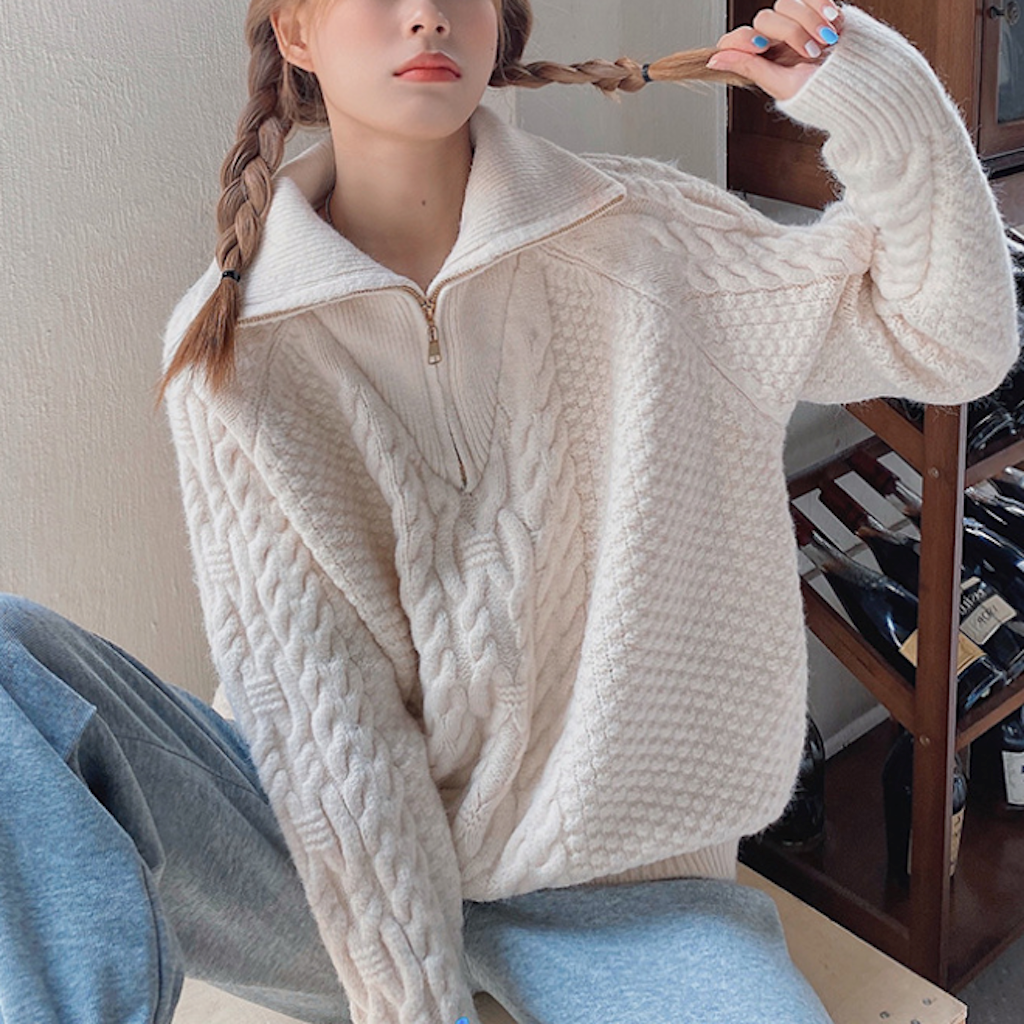 Half-Zip Cable Knit Sweater for Women