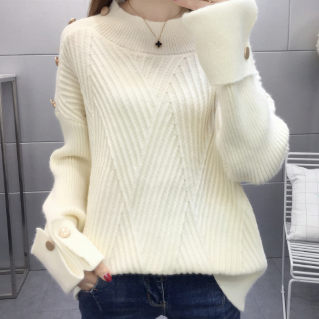 Button-Detailed Women's Sweater with a High Neckline