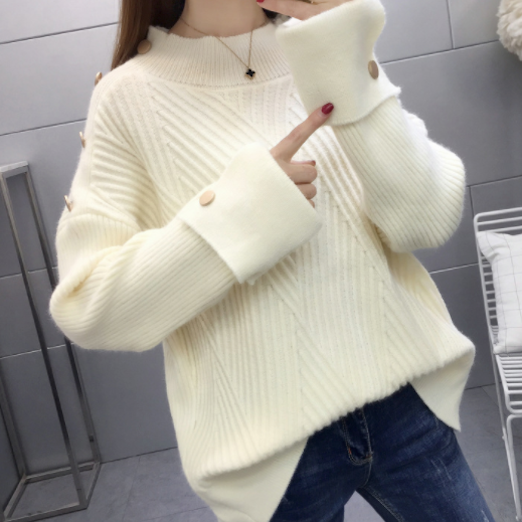 Button-Detailed Women's Sweater with a High Neckline