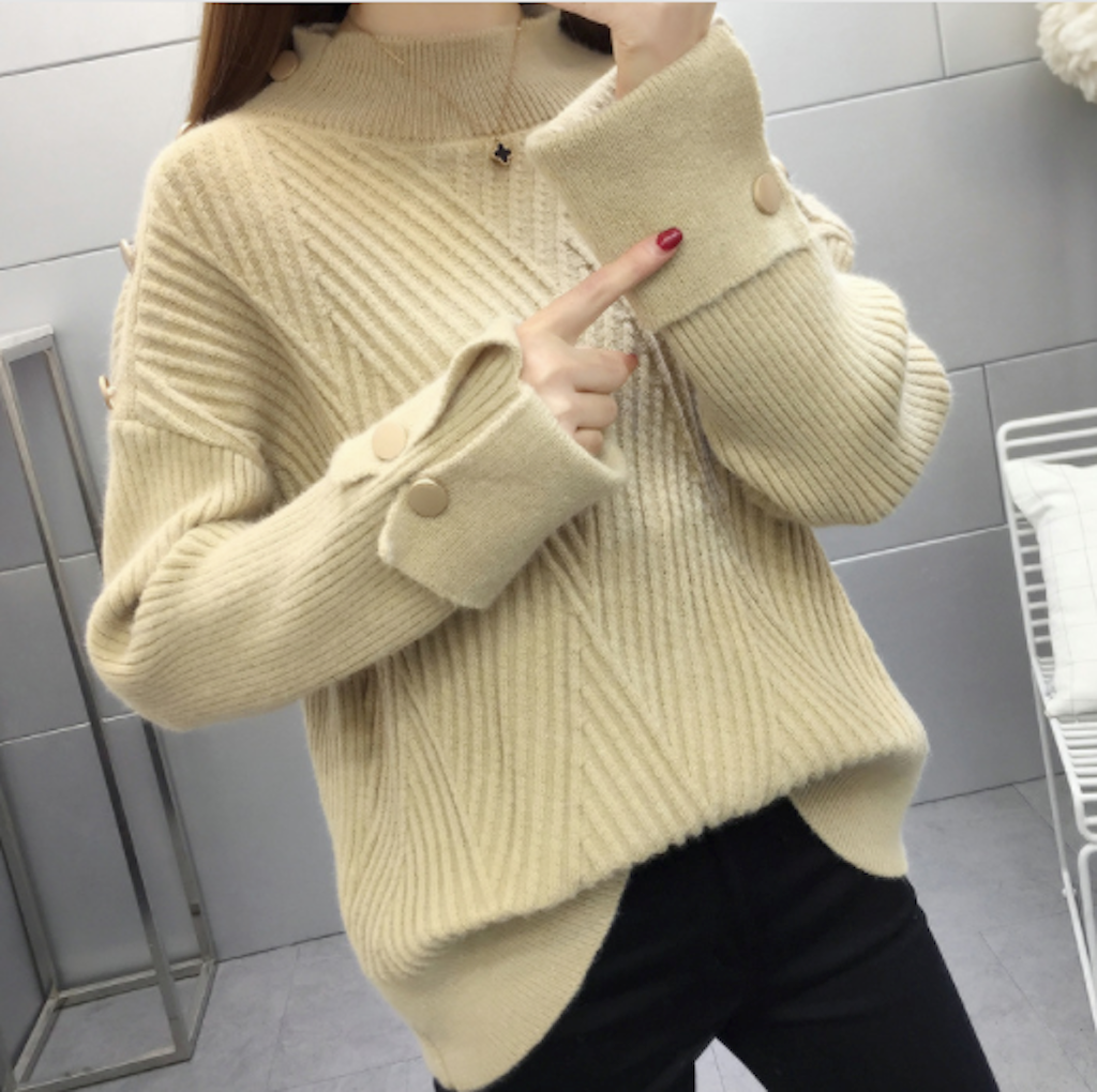 Button-Detailed Women's Sweater with a High Neckline