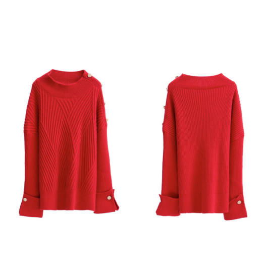 Button-Detailed Women's Sweater with a High Neckline